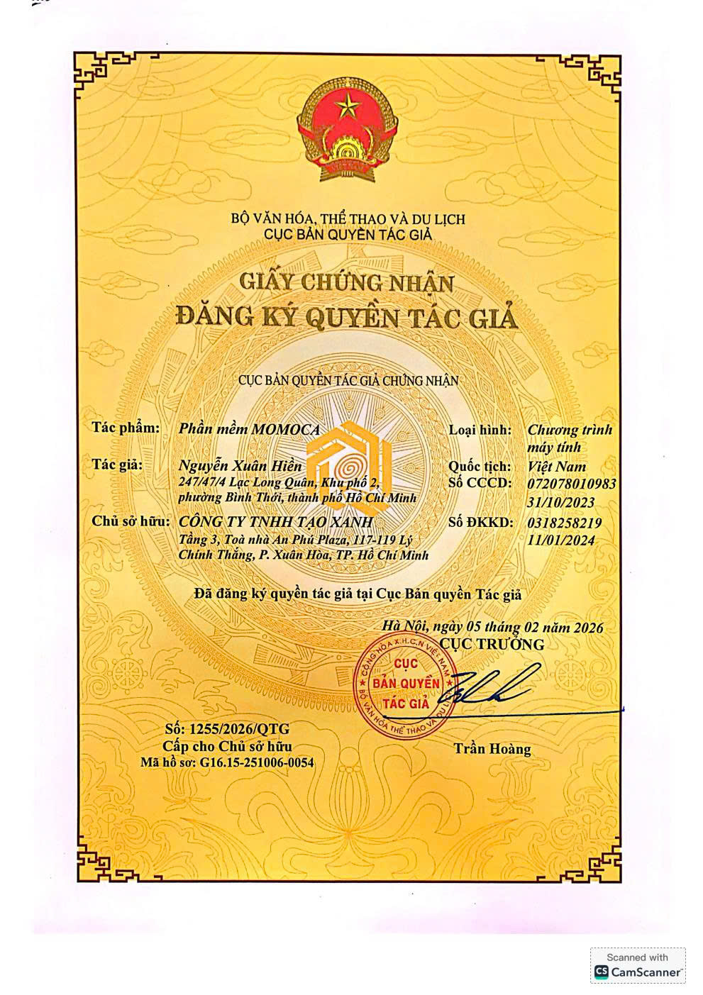Giấy chứng nhận đăng ký quyền tác giả Momoca MC